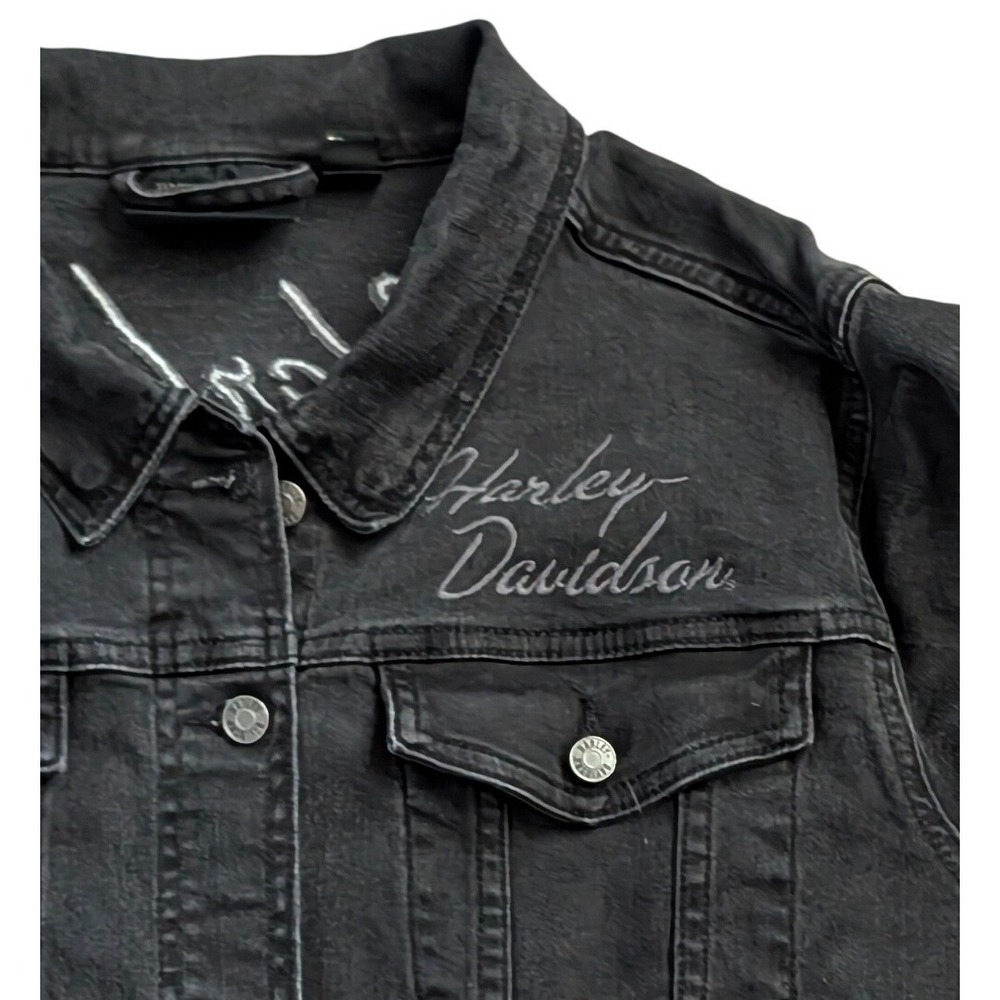 Harley Davidson Black Denim Trucker Jacket Women 2X Embroidered Wings Patch - Picture 5 of 10